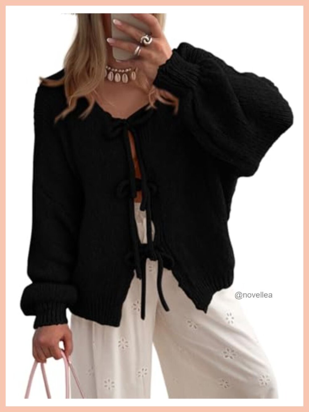 Open Front Tie Cardigan with Bow Puff Sleeve Chunky Cable Knit Fall Sweater